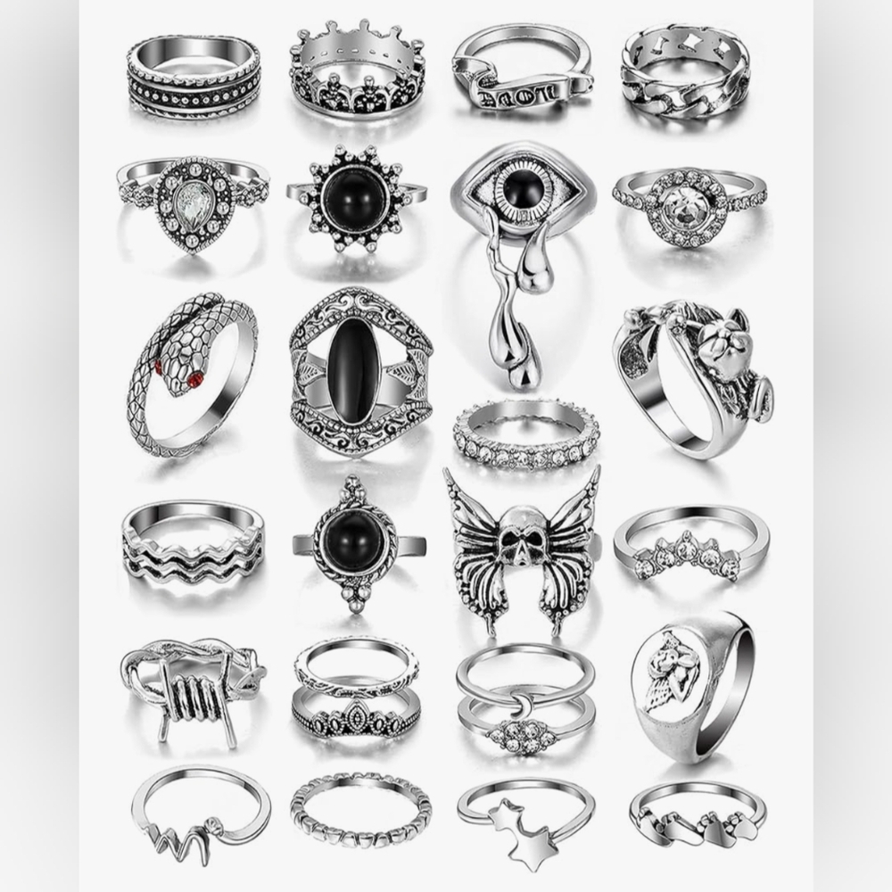 25 Boho Rings Silvery Stacking Ring Set Jewelry 70s Style Knuckle Rings - Picture 3 of 4